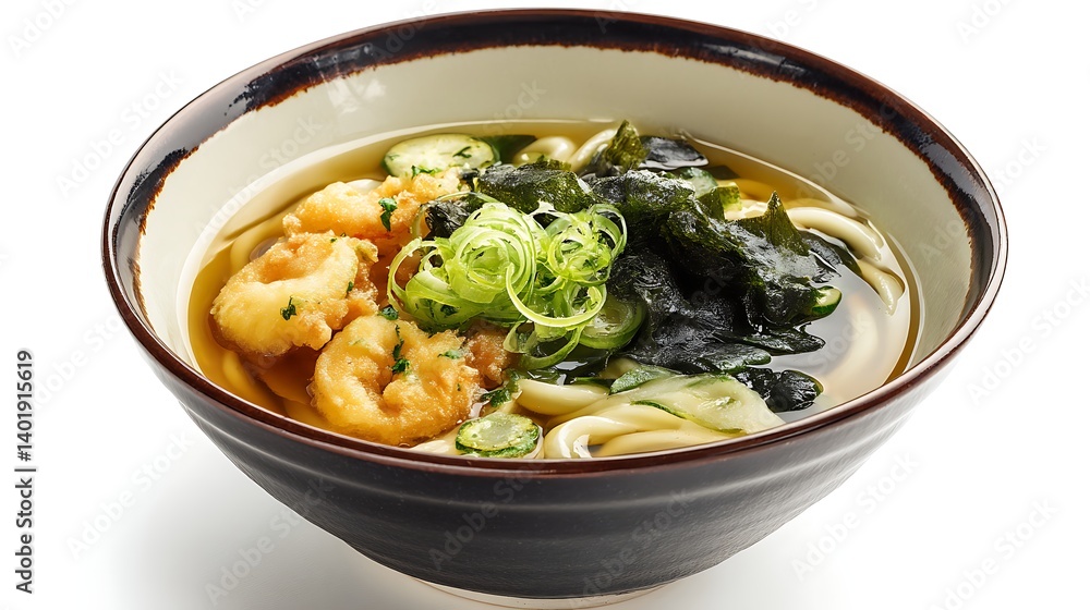 traditional ceramic bowl of udon noodles with tempura topping on white background traditional ceramic bowl of udon noodles with tempura topping on white background