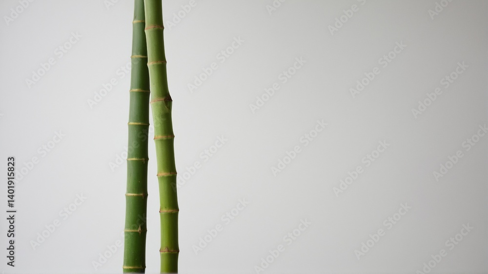 Fototapeta premium Serene Stalks: A Minimalist Portrait of Two Green Bamboo Shoots Against a Soft, Subtle Backdrop.
