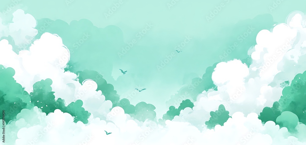 Watercolor Clouds with flying birds in a serene atmosphere illustration Watercolor Clouds with flying birds in a serene atmosphere illustration
