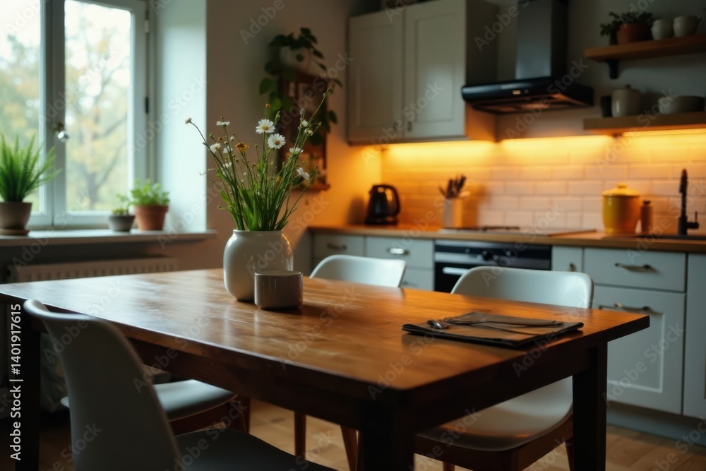 Sparsely decorated kitchen table in dim light, empty room, modern kitchen Sparsely decorated kitchen table in dim light, empty room, modern kitchen
