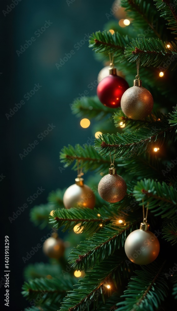 Fototapeta premium Dense evergreen branches with sparkling ornaments and glowing lights, winter decoration, holiday season