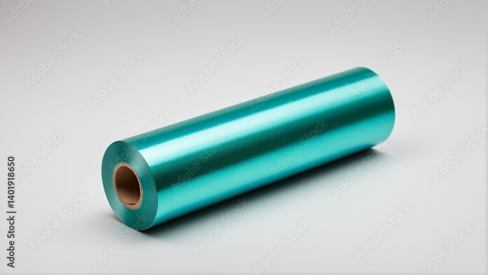 Iridescent Roll: A Close-Up of Shimmering Turquoise Foil Ready to be Unwound and Used for Various Creative and Decorative Projects. Iridescent Roll: A Close-Up of Shimmering Turquoise Foil Ready to be Unwound and Used for Various Creative and Decorative Projects.