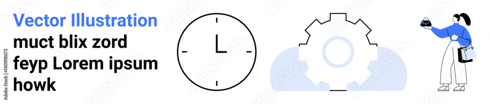 Woman holding coffee beside gear and clock symbolizing focus, workplace efficiency, planning. Ideal for productivity, workflow, time management, teamwork, strategy, goal setting flat landing page Woman holding coffee beside gear and clock symbolizing focus, workplace efficiency, planning. Ideal for productivity, workflow, time management, teamwork, strategy, goal setting flat landing page