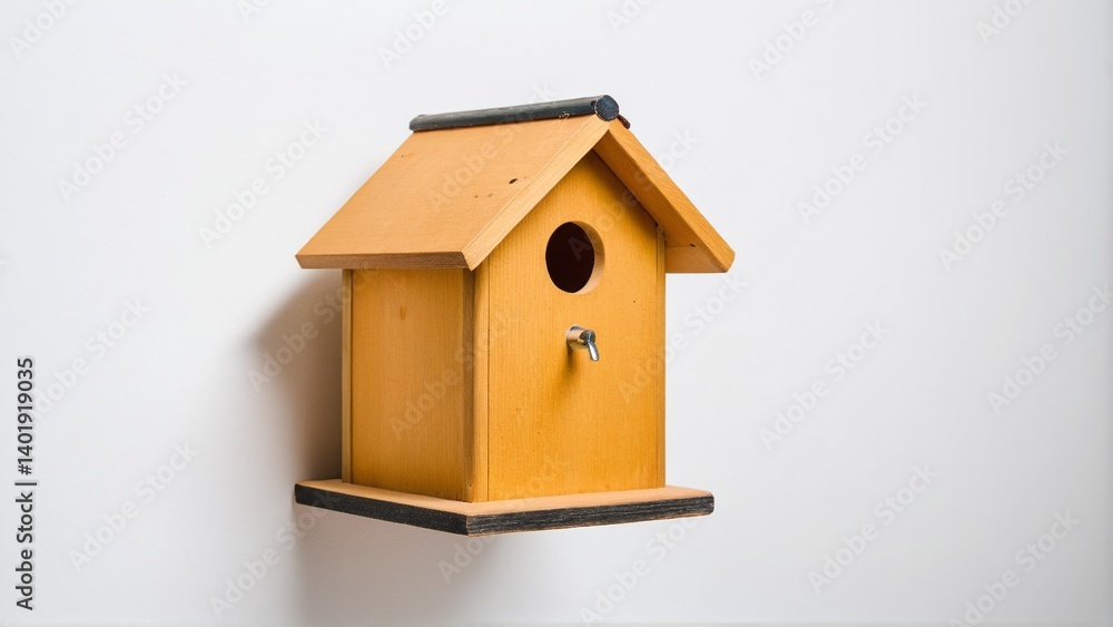 Simple wooden birdhouse mounted on a white wall, offering shelter and a cozy space for feathered friends to build their nests. Simple wooden birdhouse mounted on a white wall, offering shelter and a cozy space for feathered friends to build their nests.