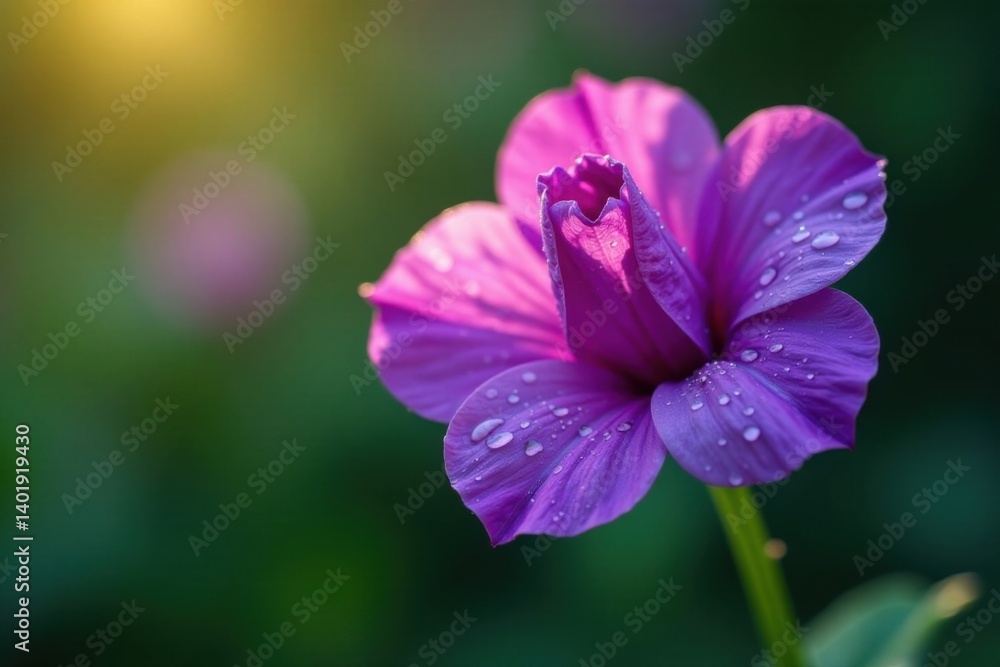 Petals of regal violet flower unfolding in morning dew, garden, purple, leaves Petals of regal violet flower unfolding in morning dew, garden, purple, leaves