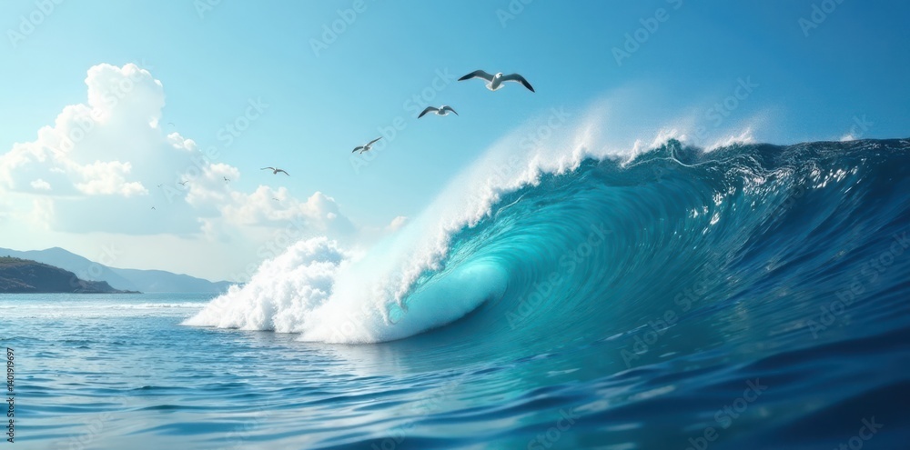 Ocean wave with seagulls flying overhead, birds, marine Ocean wave with seagulls flying overhead, birds, marine
