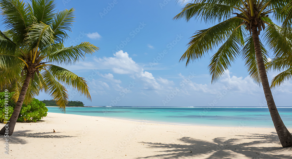 Obraz premium A stunning tropical beach with white sand, turquoise waters, and palm trees swaying in the breeze.