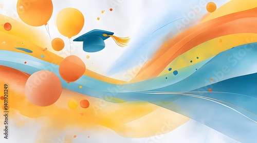Colorful abstract graduation celebration with balloons and cap, perfect for education themes and events