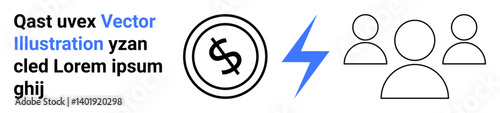 Dollar coin with currency sign, blue lightning bolt, and three outline people icons. Ideal for finance, collaboration, energy, teamwork, economy, power dynamics abstract line flat metaphor
