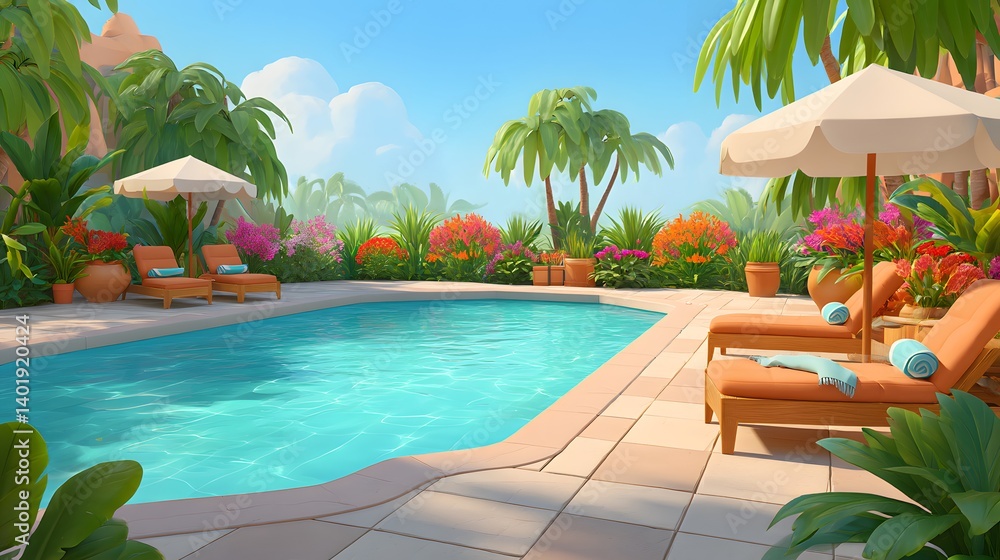 Fototapeta premium Serene Tropical Poolside Retreat Surrounded by Lush Greenery and Colorful Flowers Under Clear Blue Sky