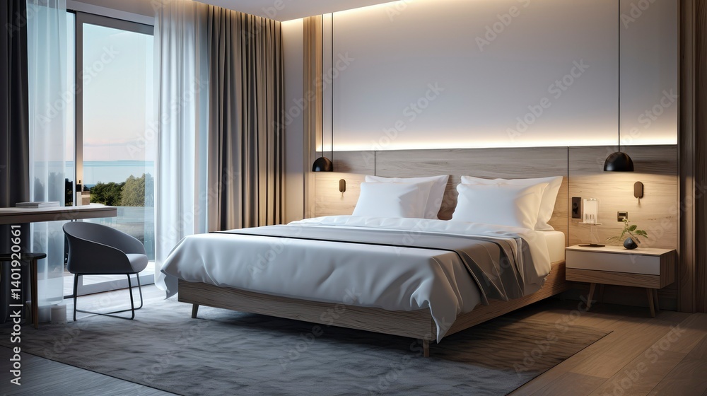 Fototapeta premium Modern Hotel Room with Ocean View and Minimalist Design
