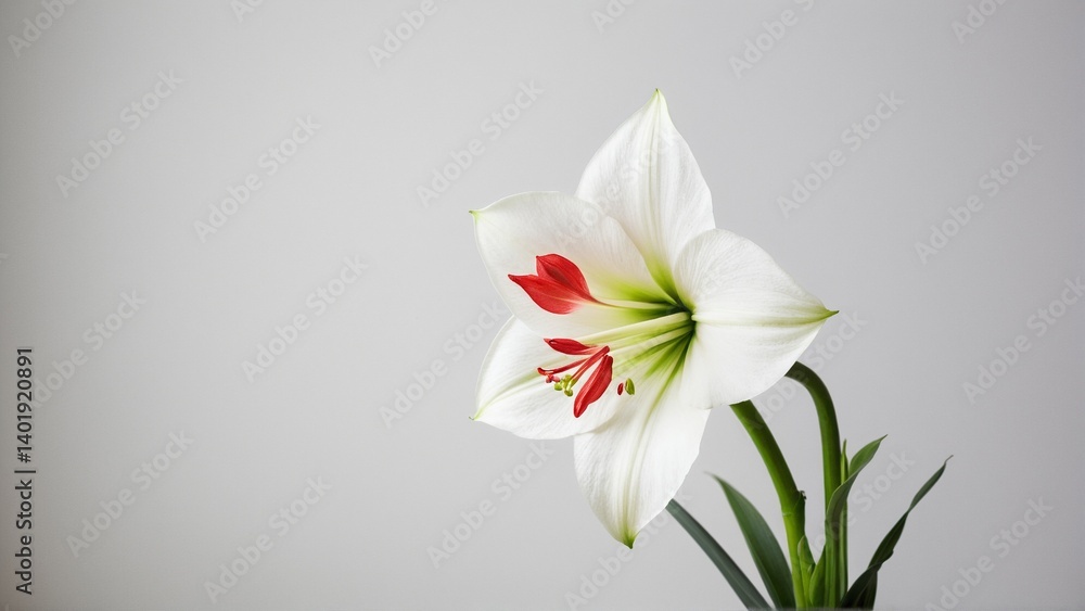 Fototapeta premium A Captivating Amaryllis: Delicate White Petals with Vibrant Red Accents on a Light Background, Embodiment of Elegance and Natural Beauty.
