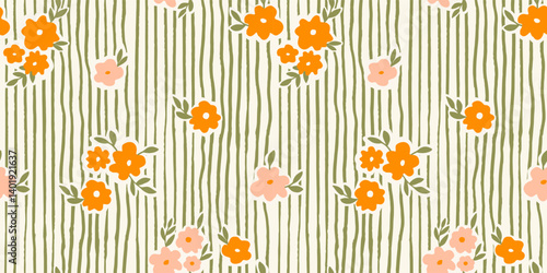 Seamless pattern with ink doodle abstract flowers and leaves on vertical stripes. Trendy aesthetic orange and green background. Hand drawn vector illustration. Boho, beach, jungle wallpaper.