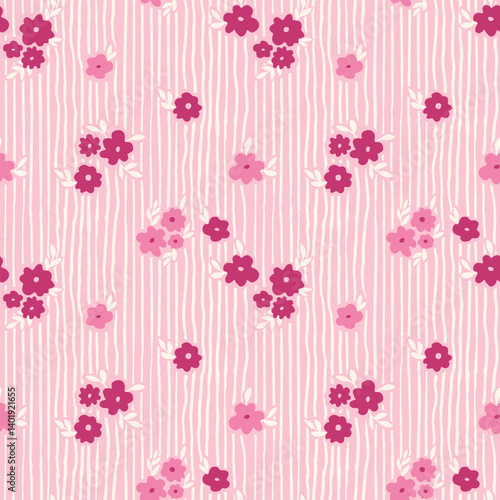 Seamless pattern with ink doodle abstract flowers and leaves on vertical stripes. Trendy aesthetic pink background. Hand drawn vector illustration. Boho, beach, floral wallpaper.