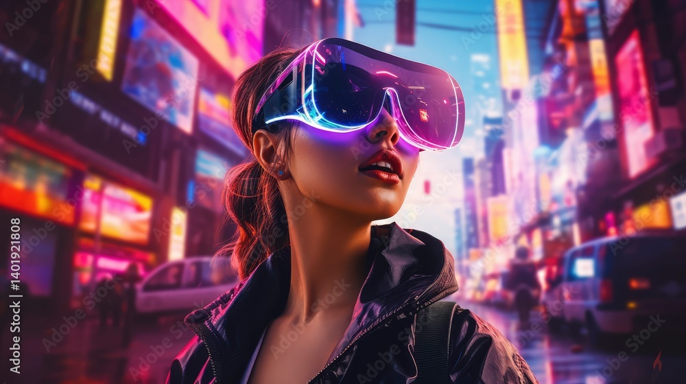 Woman in Futuristic VR Glasses Exploring a Neon-Lit Cityscape Woman in Futuristic VR Glasses Exploring a Neon-Lit Cityscape