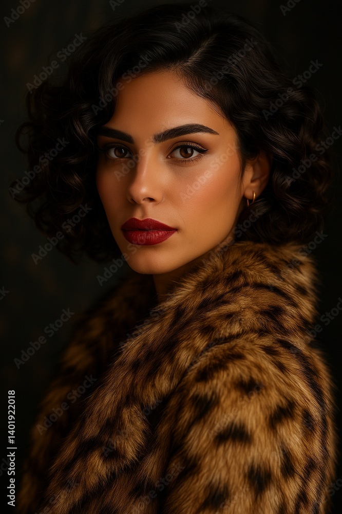 A confident woman with short curly hair and bold red lipstick wears a luxurious leopard-print coat, posing against a dark, elegant backdrop. A confident woman with short curly hair and bold red lipstick wears a luxurious leopard-print coat, posing against a dark, elegant backdrop.