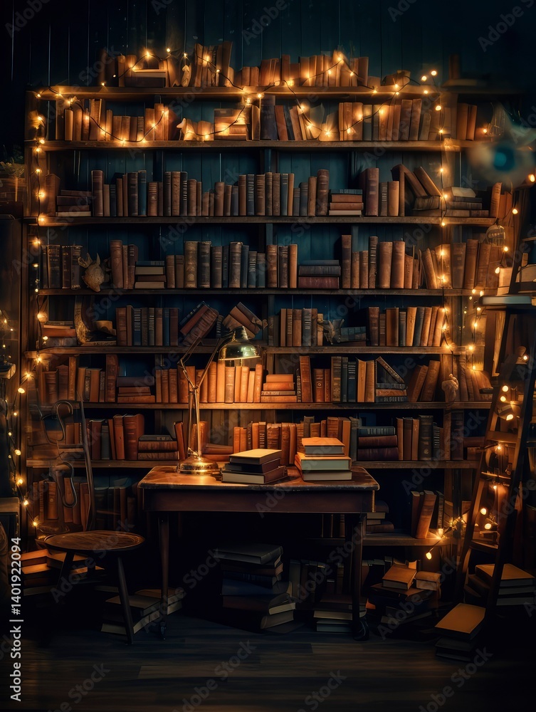 Cozy Reading Nook with Fairy Lights and Antique Books Cozy Reading Nook with Fairy Lights and Antique Books