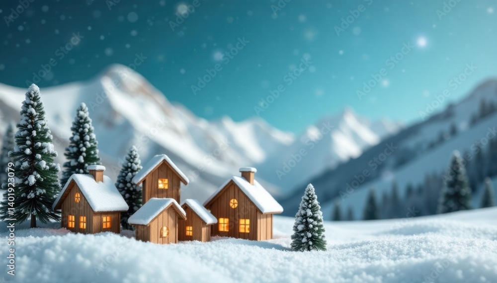 Naklejka premium Wooden Christmas village on a snowy mountain background, festive scenery, cozy village, Winter wonderland