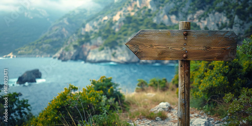 Wooden signpost pointing towards the sea with rocky cliffs in the background, symbolizing direction and adventure.
