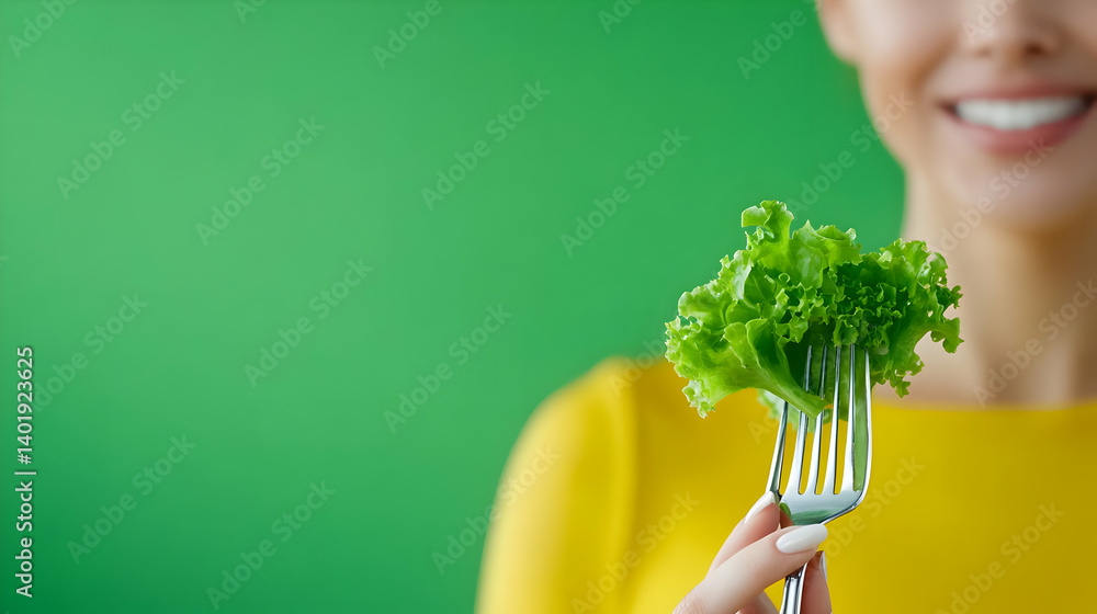 Closeup woman eating healthy food salad, focus on salad and fork Closeup woman eating healthy food salad, focus on salad and fork