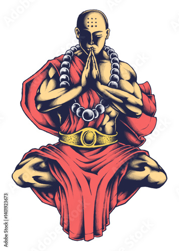 Serene Monk in Meditation: A visual narrative unfolds as a bald monk, clad in vibrant red robes and adorned with a sacred prayer beads, enters deep meditation with hands pressed together.