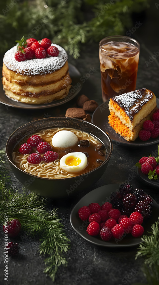 Assorted Festive Desserts And Ramen On Dark Table Assorted Festive Desserts And Ramen On Dark Table
