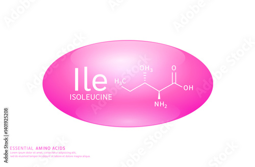 Essential amino acids isoleucine pink ellipse form with chemical structure on white background. For design supplement for the body and muscles. Medical Science. Vector EPS10.