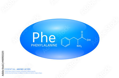 Essential amino acids phenylalanine blue ellipse form with chemical structure on white background. For design supplement for the body and muscles. Medical Science. Vector EPS10.