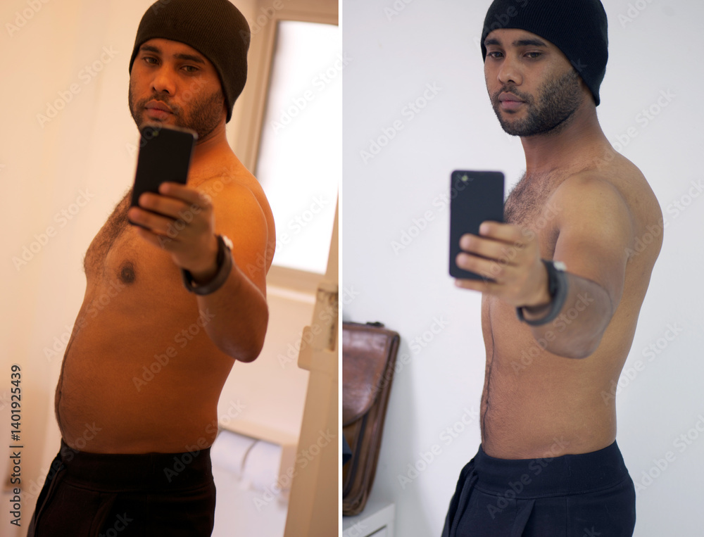 Fitness, photo and man with weight transformation before and after progress with body health. Diet, workout and exercise with comparison and healthy improvement with mobile for social media at home