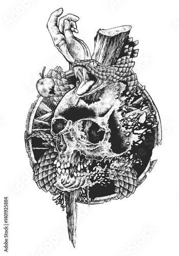 Skull with Snake: A skull with sharp teeth, a serpent wrapped around it, a hand holding a dagger, and a branch wrapped with rope in black and white.