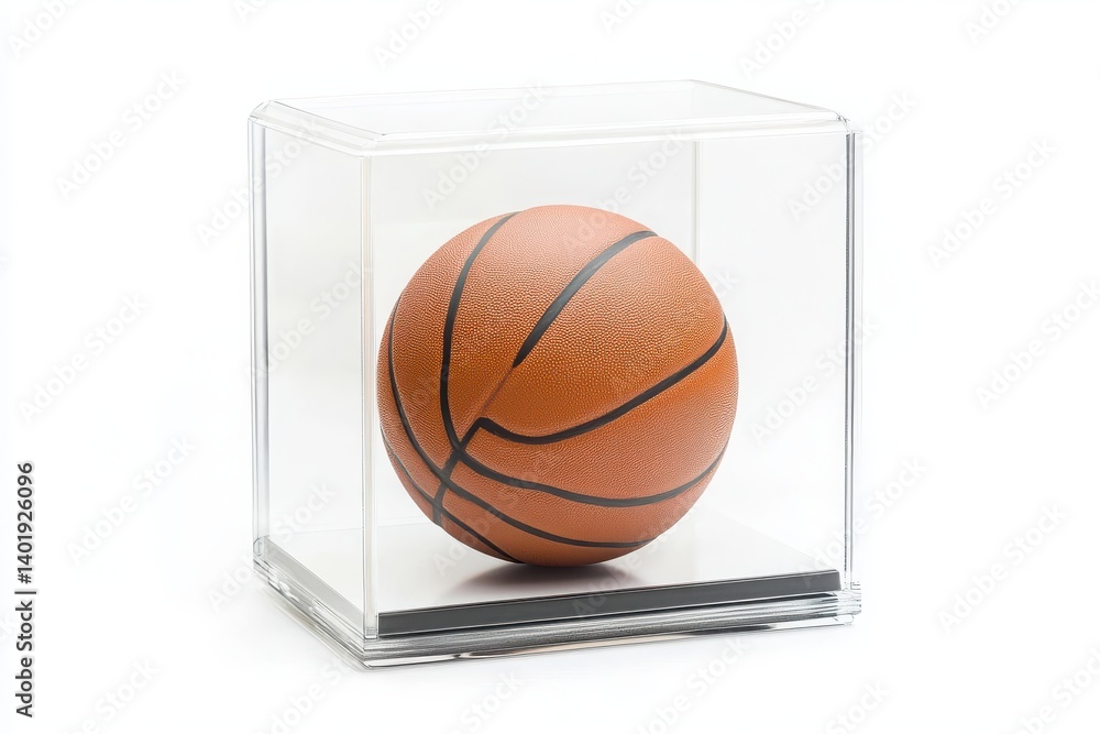 A basketball inside a display container isolated on white background A basketball inside a display container isolated on white background