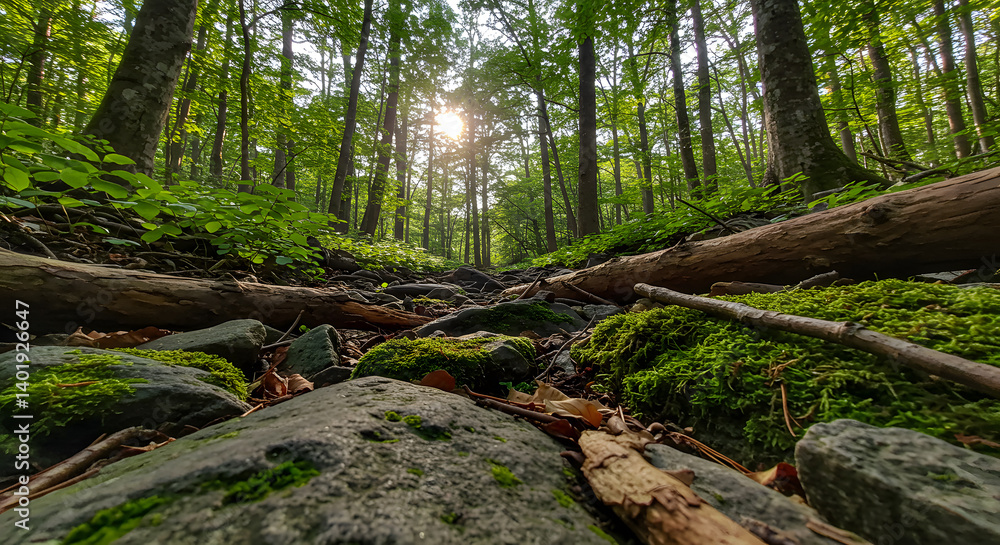 Close-up of forest floor with stones, branches, moss, and sunlight filtering through trees Close-up of forest floor with stones, branches, moss, and sunlight filtering through trees