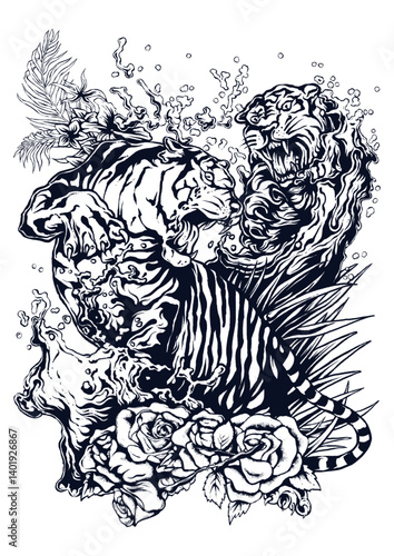 Dynamic Tiger's Battle: A dynamic illustration of two powerful tigers locked in fierce combat, intertwined with floral and natural elements, showcasing raw intensity and untamed power.