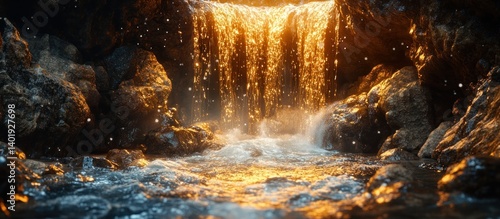 Wallpaper Mural Golden Waterfall cascading into rocky stream bed Torontodigital.ca