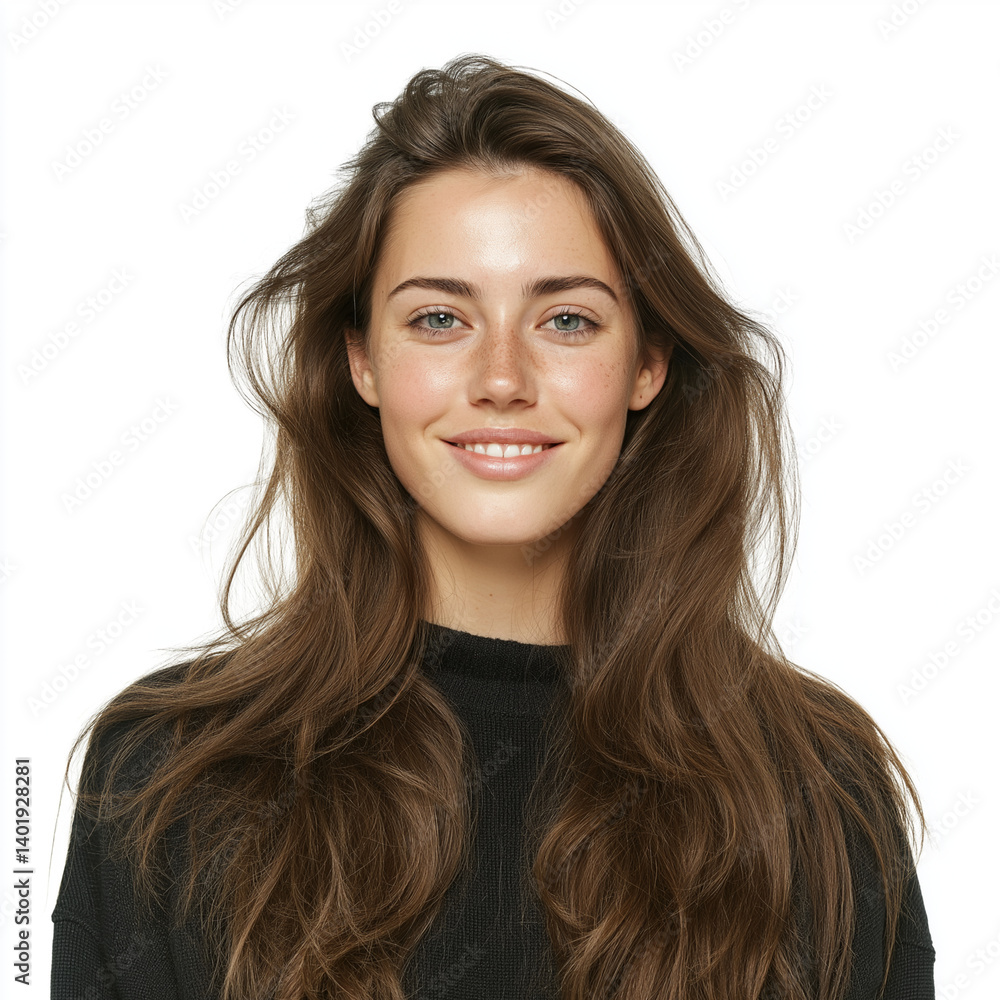 Smiling Young Woman with Long Brown Hair Looking at Camera – Isolated Stock Photo. Smiling Young Woman with Long Brown Hair Looking at Camera – Isolated Stock Photo.