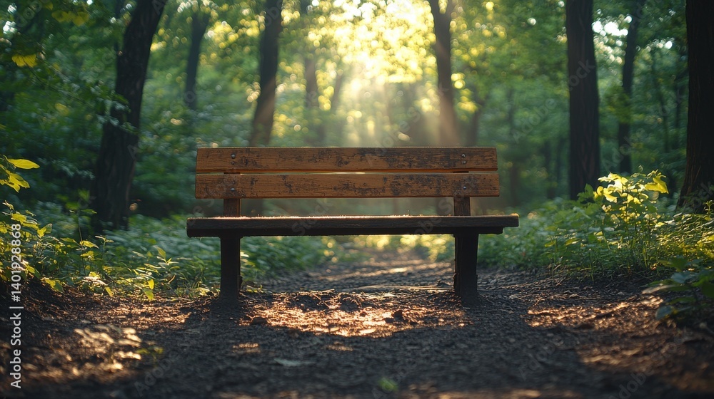 a rustic wooden bench sits alone in a peaceful forest setting surrounded by dense foliage and soft sunlight the tranquil scene evokes solitude relaxation and a connection with nature,stock photo a rustic wooden bench sits alone in a peaceful forest setting surrounded by dense foliage and soft sunlight the tranquil scene evokes solitude relaxation and a connection with nature,stock photo