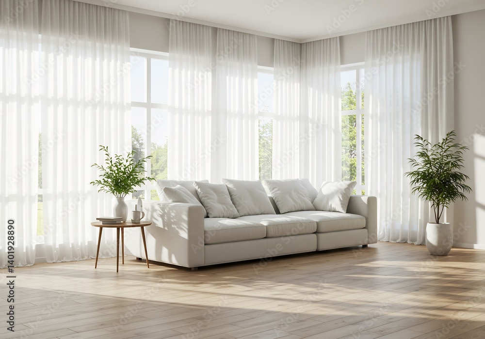 Fototapeta premium 明るい日差し降り注ぐ、白いソファと窓辺の穏やかなリビング空間