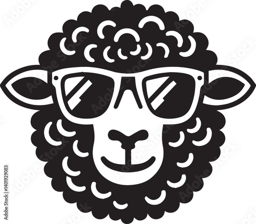 black head vector illustration of a sheep, sheep head with sunglass, silhouette vector isolated on white background