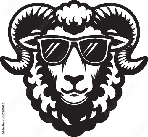 black head vector illustration of a sheep, sheep head with sunglass, silhouette vector isolated on white background