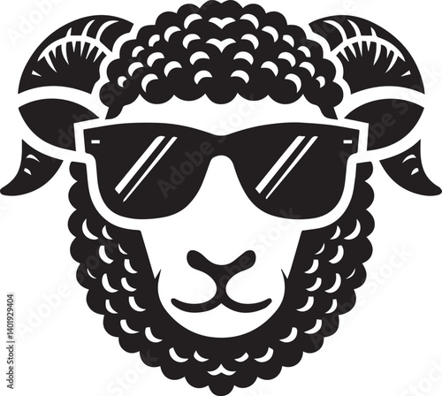 black head vector illustration of a sheep, sheep head with sunglass, silhouette vector isolated on white background