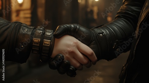 Two hands in leather gloves shake firmly in a shadowy urban setting, symbolizing agreement or alliance, Ideal for themes of teamwork, commitment, or trust in dynamic storytelling,