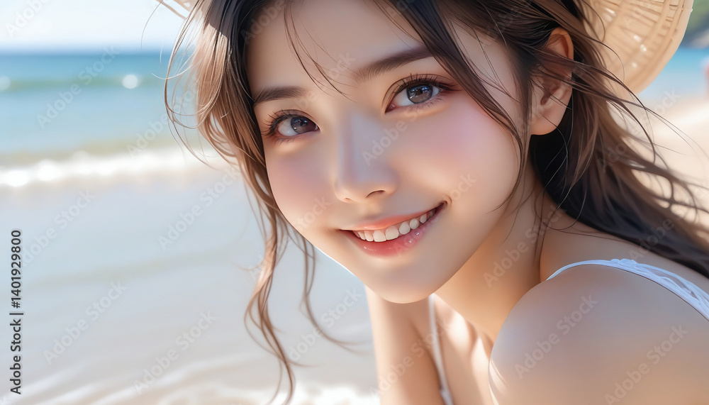 Portrait of a smiling pretty girl in a bikini by the beautiful sea.綺麗な海でビキニを着た笑顔のかわいい女の子のポートレート。 Portrait of a smiling pretty girl in a bikini by the beautiful sea.綺麗な海でビキニを着た笑顔のかわいい女の子のポートレート。