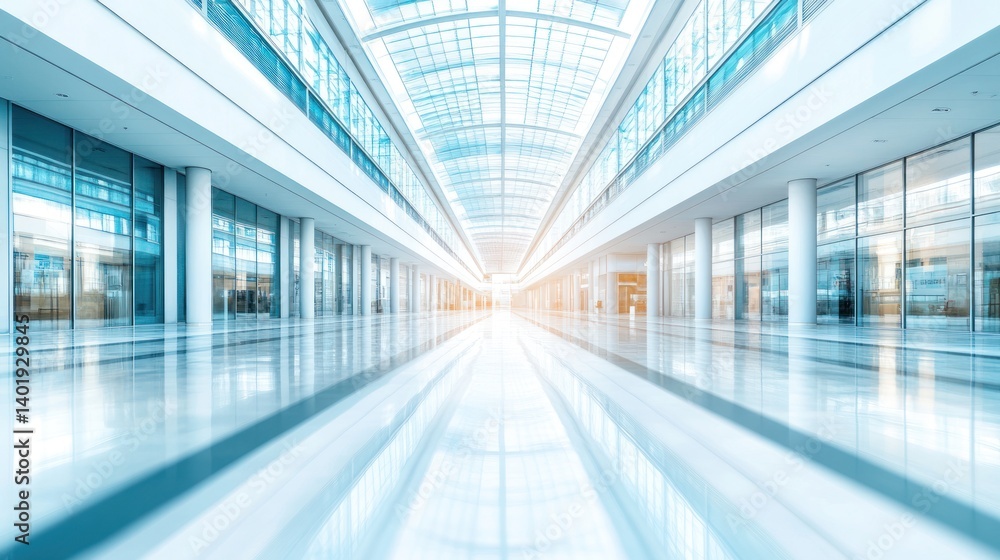 Obraz premium Illuminated interior space showcasing modern architecture with glass walls and a reflective floor extending towards a bright vanishing point