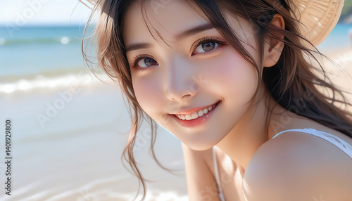 Portrait of a smiling pretty girl in a bikini by the beautiful sea.綺麗な海でビキニを着た笑顔のかわいい女の子のポートレート。	