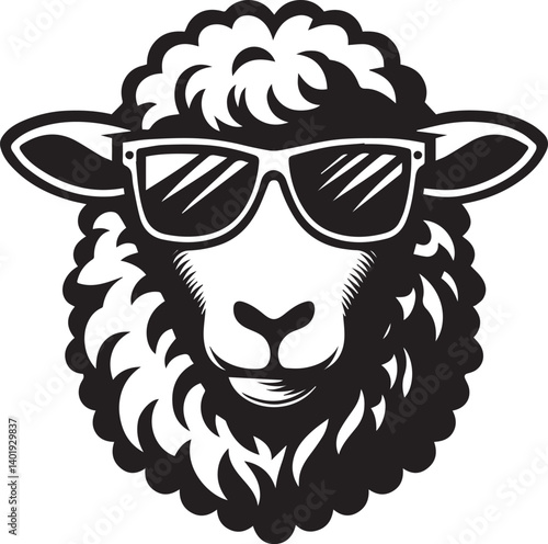 black head vector illustration of a sheep, sheep head with sunglass, silhouette vector isolated on white background