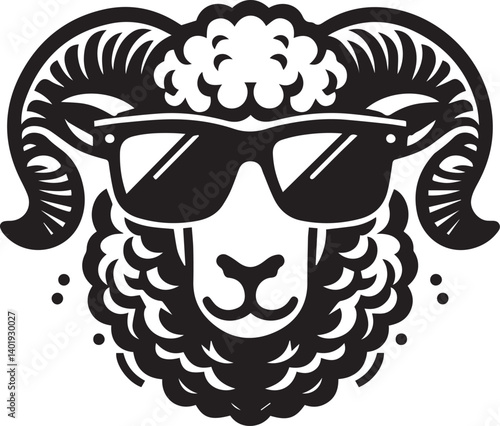 black head vector illustration of a sheep, sheep head with sunglass, silhouette vector isolated on white background