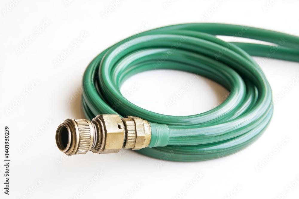 Green Garden Hose Coiled on White Background with Metal Connector