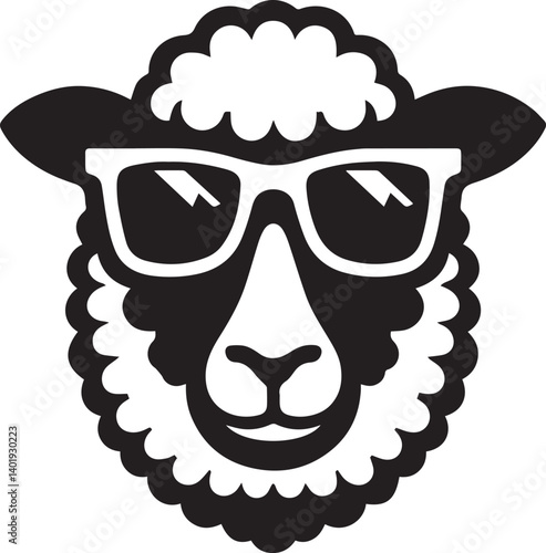 black head vector illustration of a sheep, sheep head with sunglass, silhouette vector isolated on white background