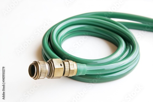 Obraz na płótnie Green Garden Hose Coiled on White Background with Metal Connector w salonie