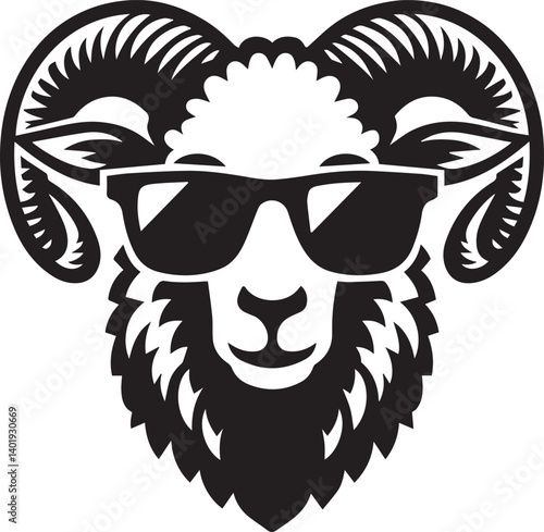black head vector illustration of a sheep, sheep head with sunglass, silhouette vector isolated on white background